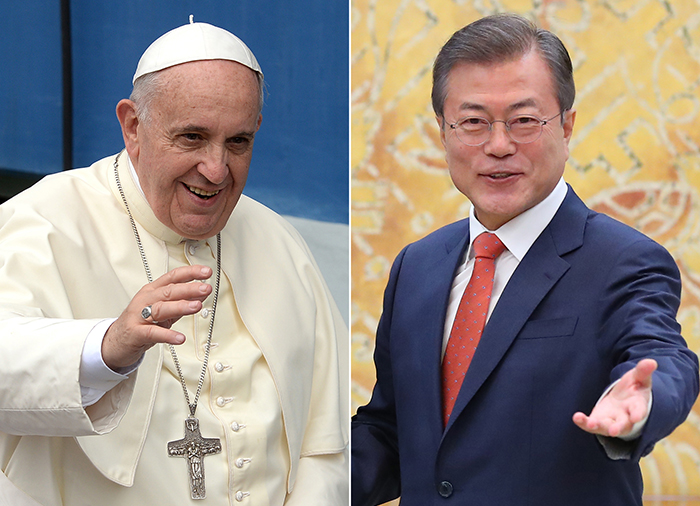10月13~21日，韩国总统文在寅（右）将出访欧洲四国。期间正式访问罗马教廷会见教皇方济各，再次确认对韩半岛和平的支持，并就今后的合作方案进行探讨。图片来源：韩联社