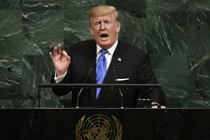 도널드 트럼프 미국 대통령이 19일 뉴욕 유엔본부에서 열린 ‘제72차 유엔총회’에서 기조연설하고 있다. 연합뉴스