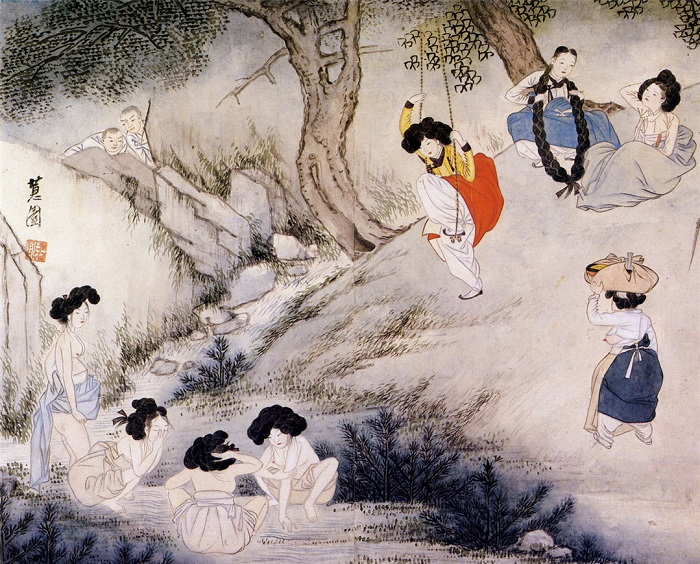 18世纪著名画家申润福的作品《端午风情》描绘了韩国典型的端午风情。在端午，妇女们用菖蒲水洗头。图片来源：国立民俗博物馆韩国民俗大百科全书