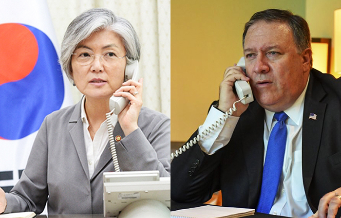 10月29日，韩国外交部长官康京和（左）与美国国务卿麦克•蓬佩奥通话强调，促无核化进程与韩朝关系发展形成良性循环十分必要。图片来源：外交部