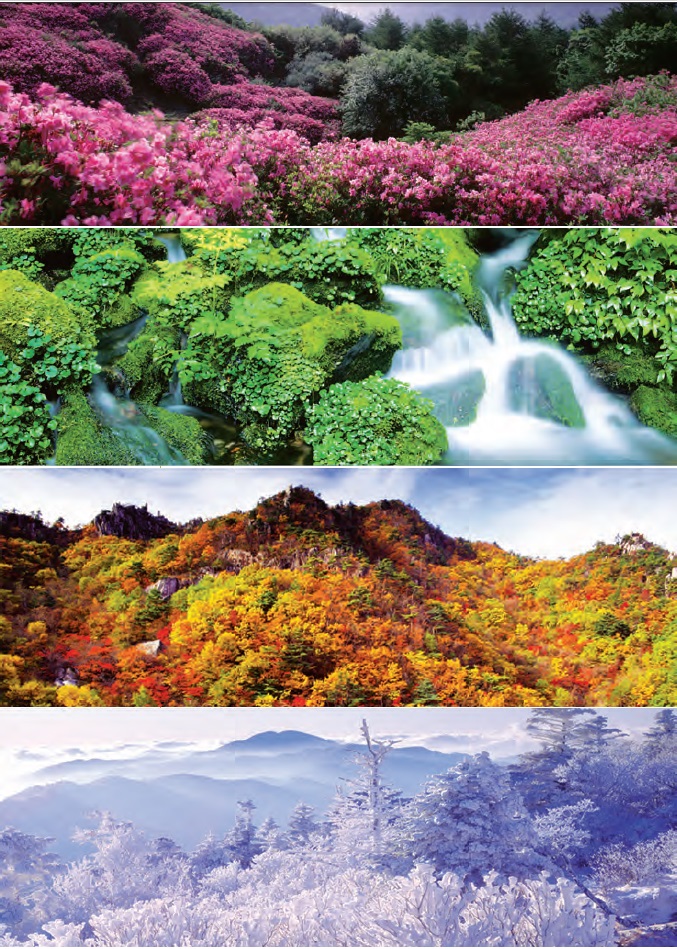 Four Seasons of Korea. 1. Spring of Baraebong in Jirisan Mountain; 2. Summer of Garibong Valley in Seoraksan Mountain; 3. Autumn of Gayasan