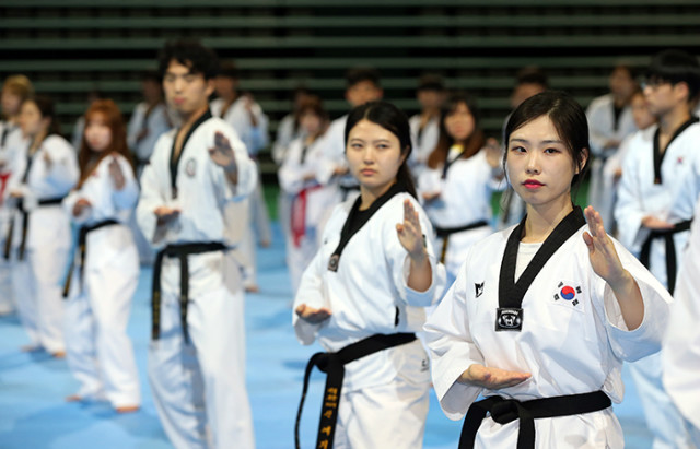 21日，韩国大学跆拳道社团成员们在外国记者团前进行跆拳道表演。