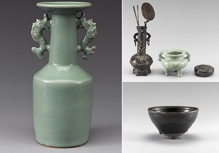 制作于元代的青磁鱼龙饰花瓶和烧香器、黑釉碗。中国和日本的上流阶层喜欢喝茶、插花、烧香。体现他们爱好的茶、花、香的相关物品是14世纪东亚的主要贸易产品之一。