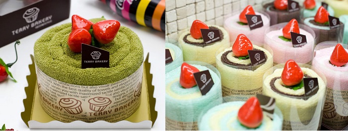 선물용으로 제작된 케이크 모양의 미니 수건은 선물용으로 인기가 좋다.