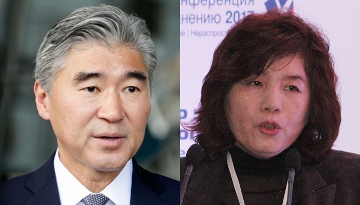 성김 전 주한미국대사(왼쪽)와 최선희 북한 외무성 부상. 연합뉴스