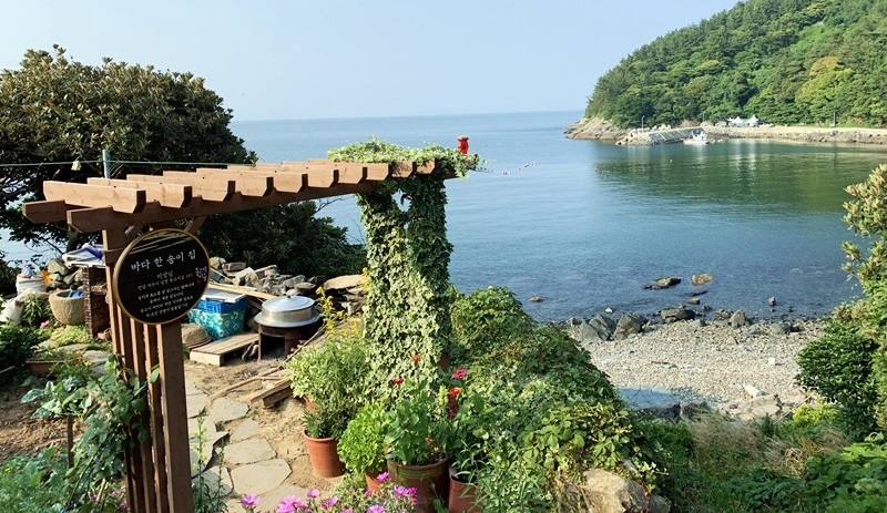 在岛上的码头或海边，随处可见写有民宿的招牌。图为全罗南道丽水市安岛海边的一家民宿。韩宣网记者郑朱理 摄