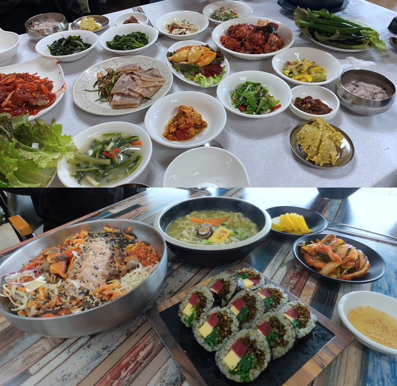 在南海可以吃到的拌鳀鱼生鱼片（上）和以帽贝为主材料的南海美食。韩宣网记者尹熹渶 摄
