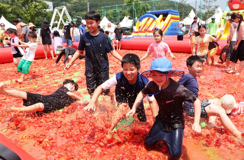 16일 경기도 광주시 퇴촌면 공설운동장에서 열린 ‘제21회 퇴촌 토마토 축제’에 참가한 어린이들이 토마토 풀장에서 슬라이딩을 하고 있다. 
