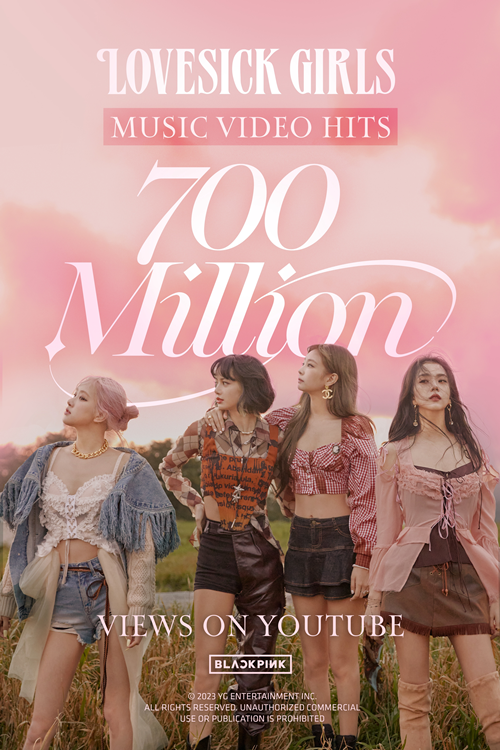 8月16日凌晨1点6分，《Lovesick Girls》的MV在YouTube播放量突破7亿次。图片来源：YG娱乐