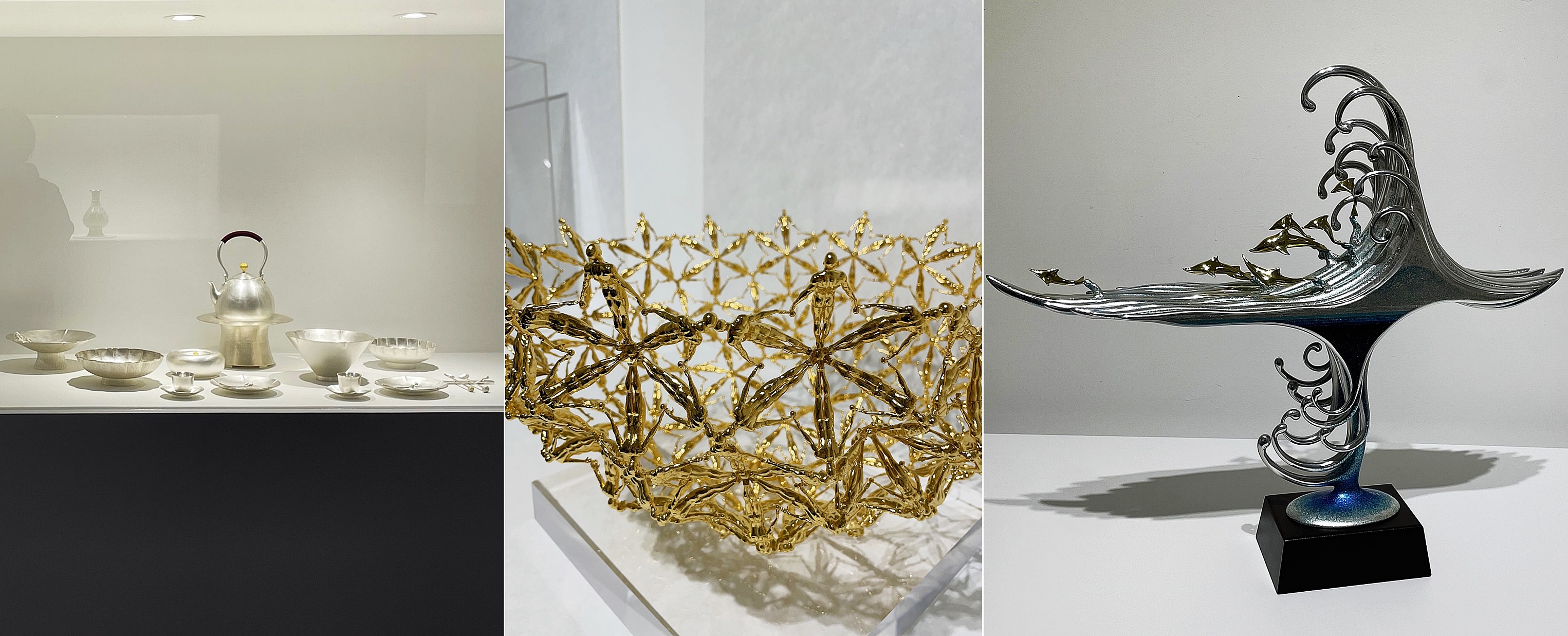 左起韩国艺术家金荣玉、中国艺术家王晓昕、日本艺术家宫田亮平创作的不同的金属工艺作品。韩宣网记者徐爱英 摄 