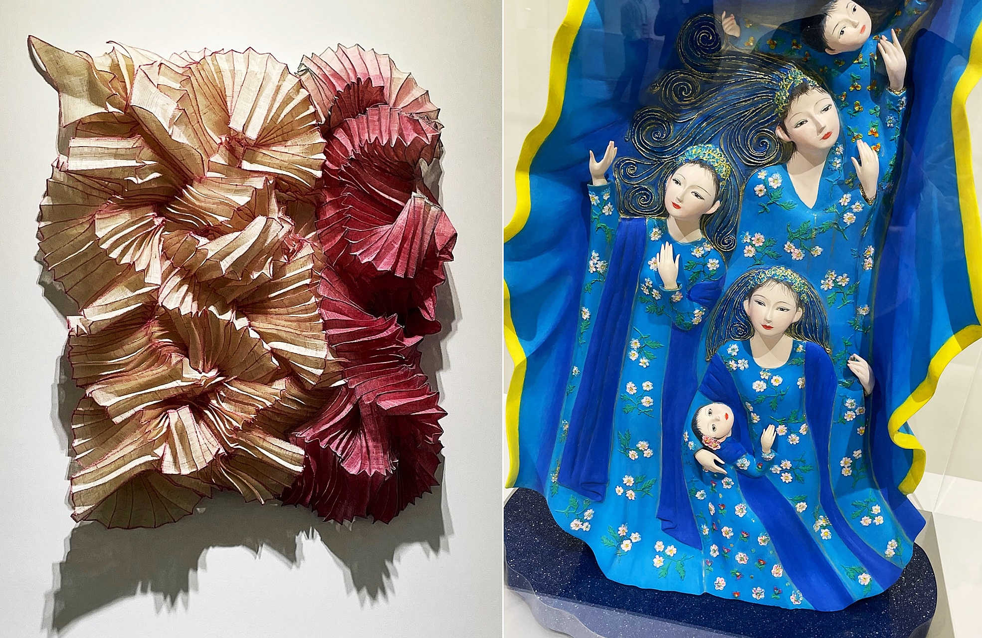 韩国艺术家赵荷娜（音）的纤维工艺作品《春天的香气》（左）、日本艺术家奥田小由女的工艺作品《向和平的祈祷》。韩宣网记者徐爱英 摄