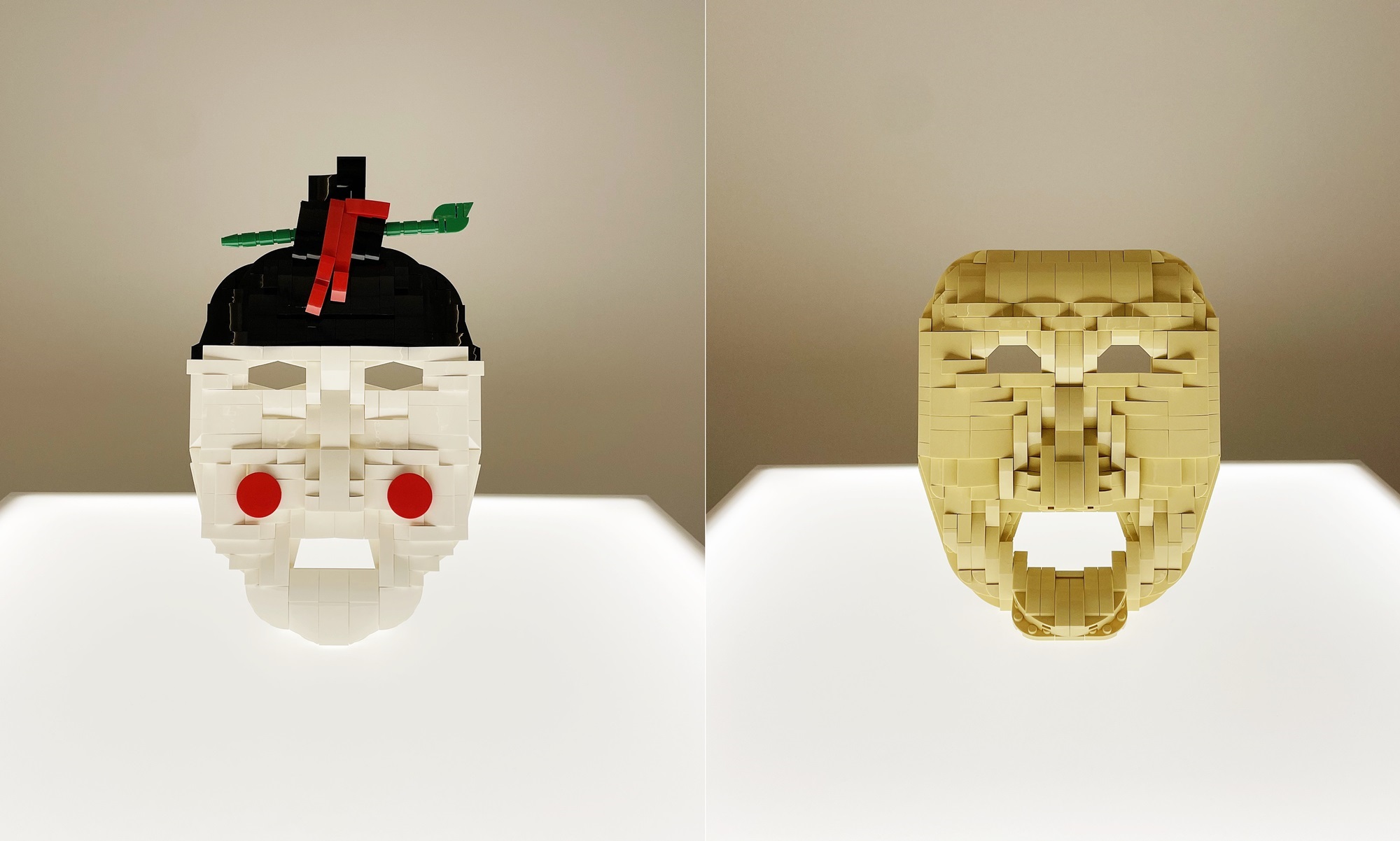 用乐高创作的韩国传统“新娘假面”（左）与“河回假面”。韩宣网记者徐爱英 摄