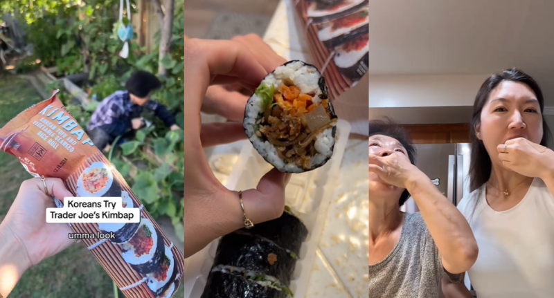 美国饮食博主莎拉∙安于8月16日在抖音上传了一段和妈妈一起品尝韩国冷冻紫菜包饭的视频。图片来源：莎拉∙安于抖音账号视频截图。