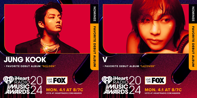 当地时间1月18日，iHeartRadio音乐奖发布今年五个奖项的提名名单，多组K-Pop团体入围提名。防弹少年团（BTS）成员V和柾国凭借个人首张个人专辑《Layover》和《GOLDEN》收获“最受喜爱出道专辑”提名。图片来源：被提名为