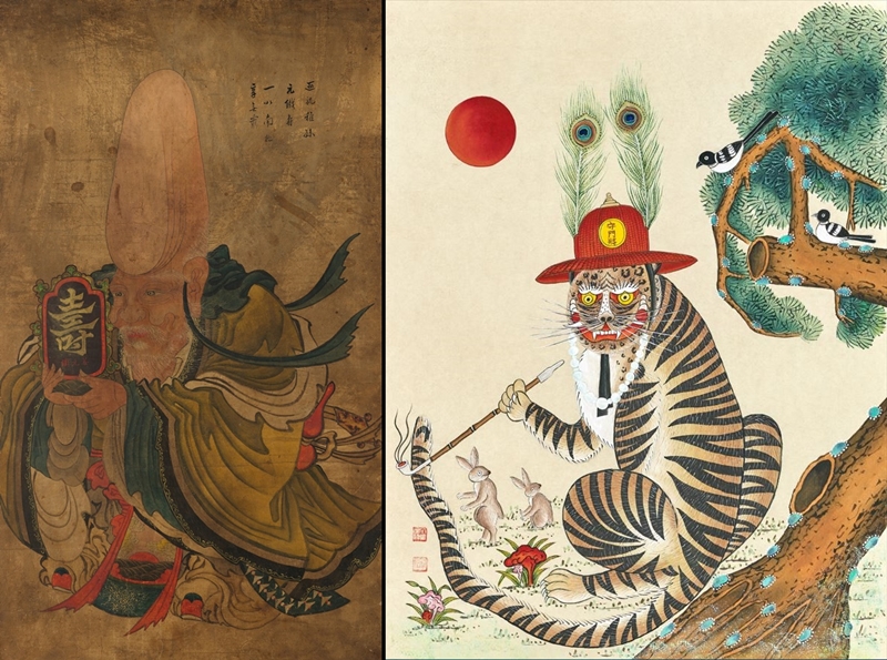 ▲ 남극성을 신선의 형상으로 의인화한 그림 '수노인도'(왼쪽)는 가장 오래된 세화다. 문화재청은 매년 설날이 되면 경복궁에서 세화를 나눠주는 행사를 여는데, 지난해 세화로 선정된 '수문장 모자를 쓴 호랑이'(오른쪽). 국립중앙박물곤, 한국문화재재단 