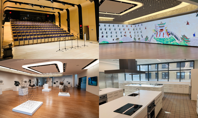 左上角顺时针方向依次为演出场地、媒体墙、料理教室及展厅。图片来源：文化体育观光部
