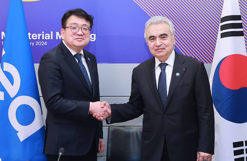 图为2月，在法国巴黎经济合作与发展组织（OECD）本部，韩国产业通商资源部第二次官崔南浩（音，左）会见国际能源机构（IEA）署长法提赫·比罗尔。图片来源：产业通商资源部