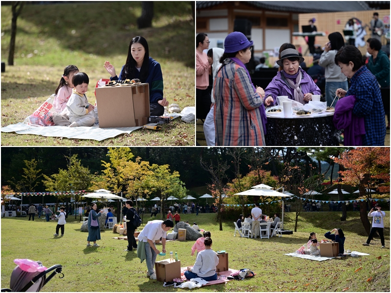 10月26日至27日，在庆尚北道金泉市四溟大师公园一带举行的“金泉紫菜包饭庆典”现场，来访者正在边吃紫菜包饭边享受郊游。图片来源：金泉紫菜包饭庆典组委会