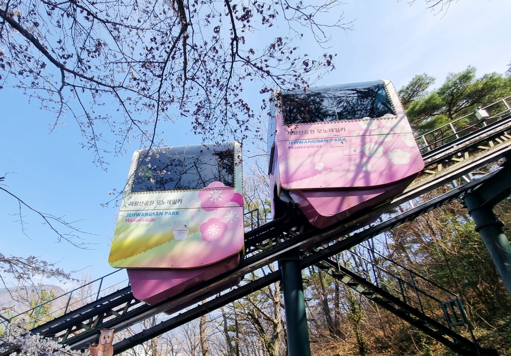 庆尚南道昌原市镇海区帝皇山公园内，正在上行的镇海塔山单轨车。韩宣网记者Aisylu Akhmetzianova 摄