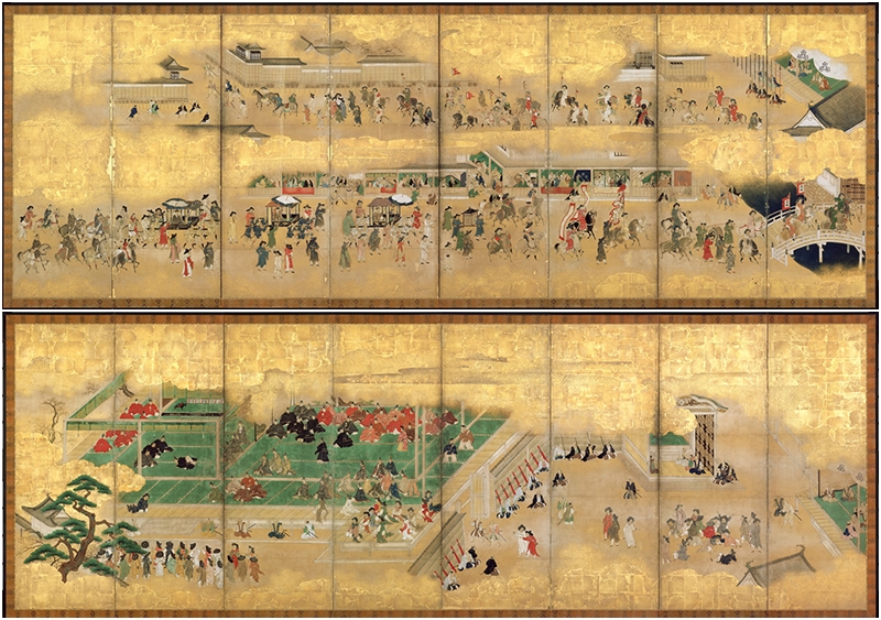 联合国教科文组织世界记忆遗产——狩野益信《朝鲜通信使歡欢待图》（1655年）。上图描绘1655年前往江户城的第六次通信使行列，下图表现递交国书的场景。展览将在首尔历史博物馆展出至5月25日。图片来源：首尔历史博物馆