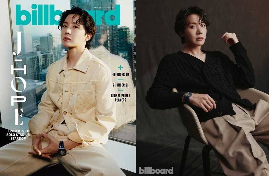 图为5月20日，美国《公告牌杂志》公开的防弹少年团（BTS）成员j-hope的5月刊封面（左）和采访照片。图片来源：公告牌