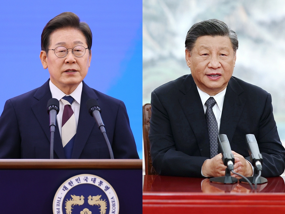 6月10日，韩国总统李在明与中国国家主席习近平首次通电话，就两国关系发展方向进行了探讨。图片来源：政府共同采访团、韩联社