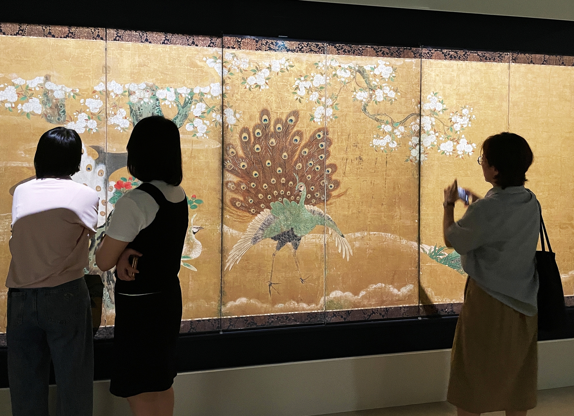 6月16日，为纪念韩日邦交正常化60周年，在首尔龙山区国立中央博物馆举行的特别展《日本美术，四种视线》记者招待会上，来访者们正在参观绘有凤凰和孔雀的屏风。韩宣网记者徐爱英 摄  