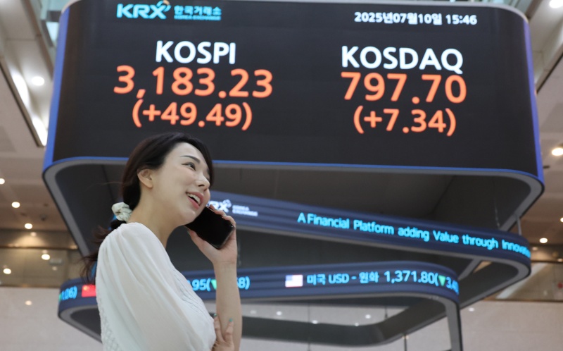  在韩国综合股价指数（KOSPI）、创业板科斯达克（KOSDAQ）连日持续上升的情况之下，韩国股市总市值首次突破3000万亿韩元大关。图为7月10日的首尔汝矣岛韩国交易所。图片来源：韩联社