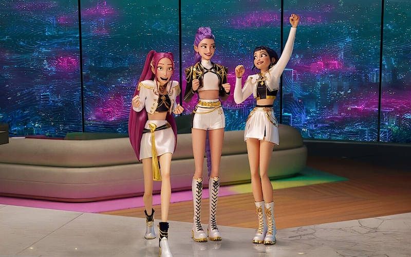 以K-POP为题材的奈飞（Netflix）动画片《K-POP：猎魔女团》累计观看次数达2亿3600万次，登上奈飞电影榜历史首位。图片来源：奈飞