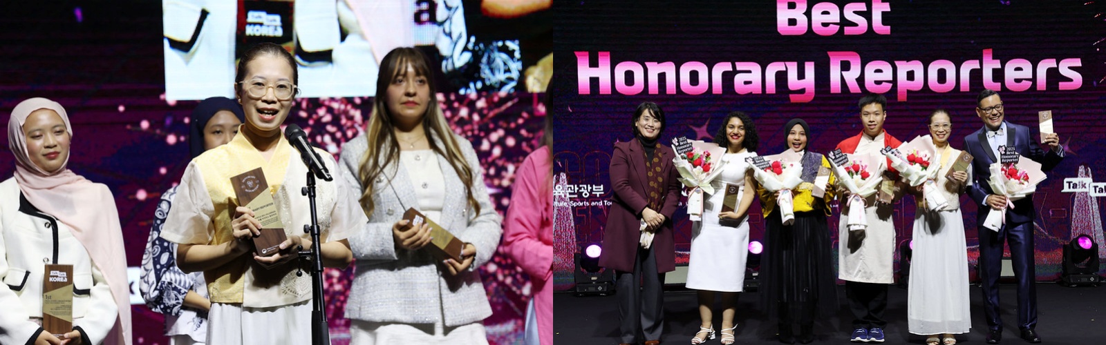 左图为来自菲律宾的Myrtle Iris Villaraza发表获奖感言。右图为荣获“韩宣网名誉记者优秀活动家奖”的五位代表，左起依次是韩国文化体育观光部海外宣传政策官蔡洙喜、Iman Ahmed Mohamed（埃及）、Hanum Nur Aprilia（印度尼西亚）、Hoang Xuan Tung（越南）、Myrtle Iris Villaraza、Jose Alirio Peña Serpa（委内瑞拉）。图片来源：文化体育观光部
