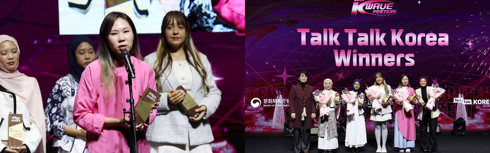 左图为来自越南的Hai Anh Tran发表获奖感言。右图为荣获“Talk Talk Korea国际内容征集赛”奖项的五位代表，左起依次是韩国文化体育观光部海外宣传政策官蔡洙喜、Vina Aulia Zakiah Sodikin（印度尼西亚）、Citra Auly Maulida Rizka（印度尼西亚）、Marylee Loya（墨西哥）、Hai Anh Tran、Sara Mohamed（埃及）。图片来源：文化体育观光部