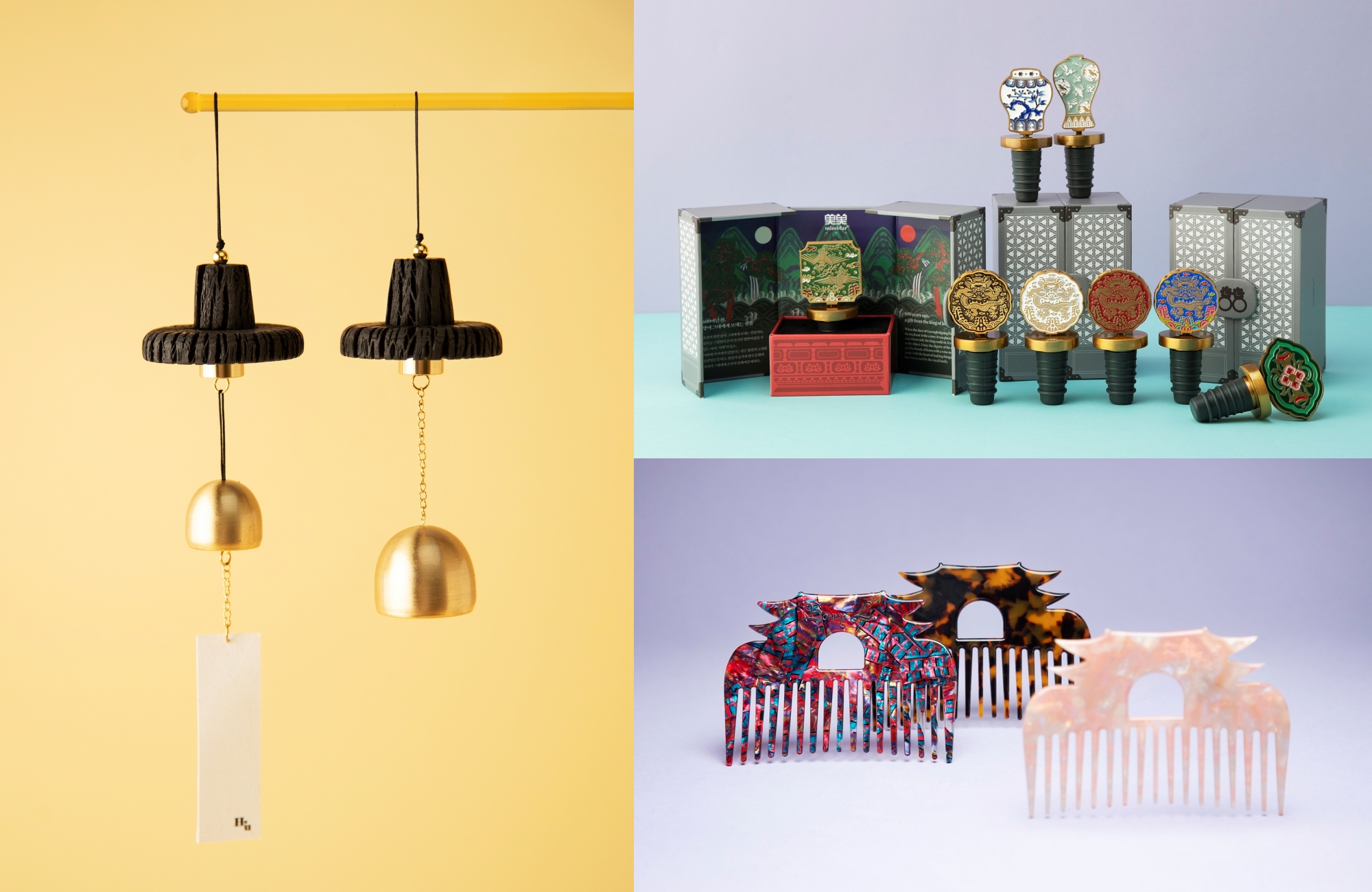 图为“2025韩国旅游纪念品征集展”获奖作品。左起顺时针方向依次为文化体育观光部长官奖（银奖）“韩式传统纱帽风铃”、总统奖（大奖）“朝鲜王室红酒酒塞”，以及现代百货社长奖（特别奖）“古宫发夹”。图片来源：韩国旅游发展局
