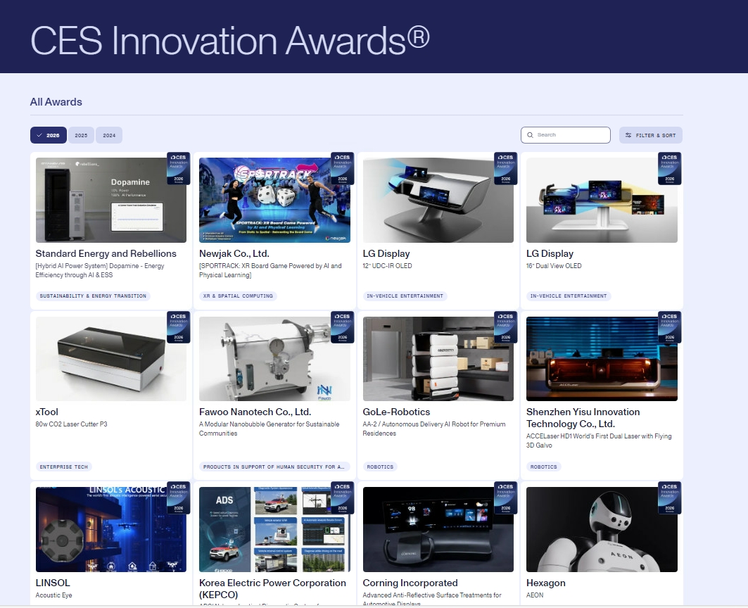 “2026国际消费电子展（CES）”临近，韩国企业在“2026CES创新奖”中所占比例已达60%。图为公布“2026CES创新奖”获奖企业的官网页面。图片来源：大韩贸易投资振兴公社  
