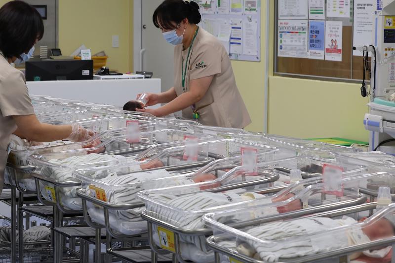 韩总和生育率时隔9年回升 韩国总和生育率时隔9年止跌回升。韩国统计厅发布的《2024人口变动调查：出生死亡统计》显示，去年韩新生儿为23.83万人，比前一年增加8300人（3.6%）。随着新生儿的增加，总和生育率也同比增加0.03名，达0.75名。这是自2015年以来，韩国新生儿数和总和生育率首次同时回升。图为在仁川弥邹忽区AIN医院，医护人员正在照顾新生儿。图片来源：韩联社 