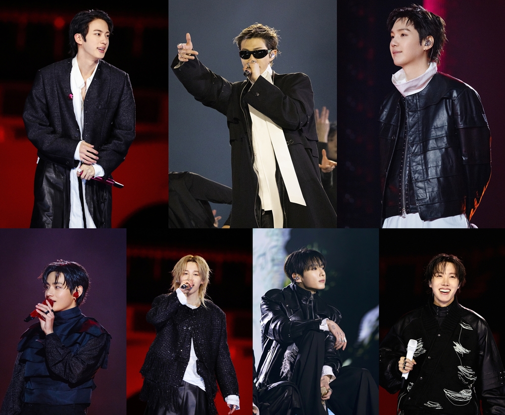 3月21日晚，在首尔光化门广场，韩国男团防弹少年团（BTS）成员——（左上起顺时针方向）Jin、RM、SUGA、j-hope、柾国、智旻和V在演出“BTS THE COMEBACK LIVE｜ARIRANG”上献唱。图片来源：BIGHIT MUSIC/奈飞 