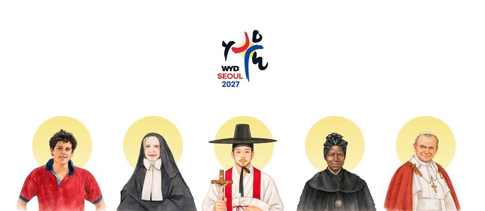 4月26日，梵蒂冈平信徒暨家庭与生命部与首尔世界青年节（WYD）组委会方面宣布，已选定首尔世界青年节的五位主保圣人。从左依次为圣卡洛·阿库蒂斯、圣·方济·加比尼、圣安德鲁·金大建、圣若瑟芬·柏姬达和圣若望·保禄二世。图片来源：首尔世界青年节组委会