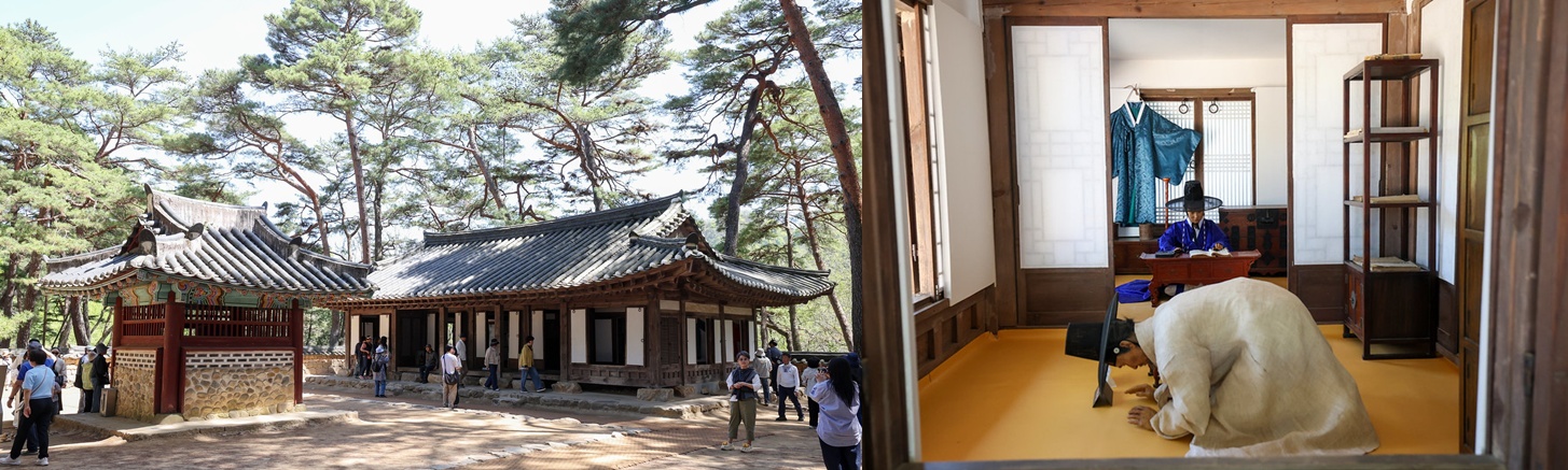 图为端宗曾居住的御所主屋，以及宫女、官奴居住的廊房（左）。蜡像再现了当时的场景（右）。韩宣网记者李廷佑 摄