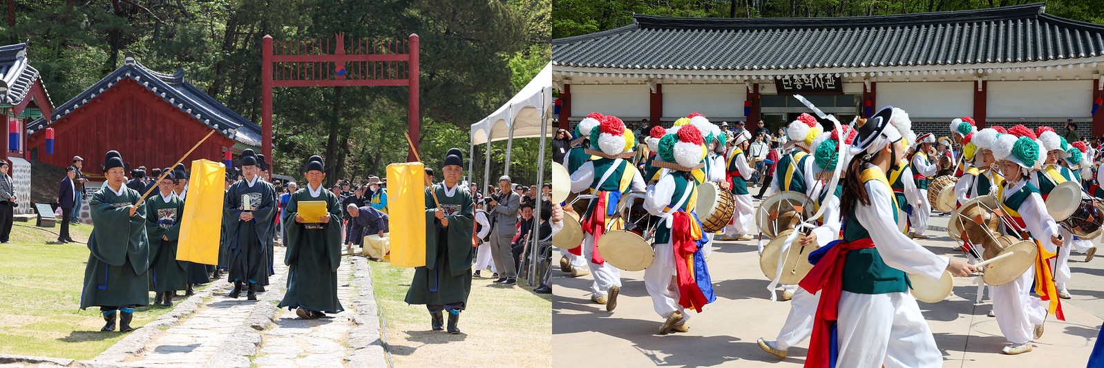 图为4月25日，在江原道宁越郡长陵举行的端宗祭礼。“端宗文化节”于每年4月举行，旨在纪念端宗之魂与忠臣之灵。自2007年起，这里还持续举行朝鲜王朝国葬再现仪式，以告慰这位未能举行国葬的少年国王。