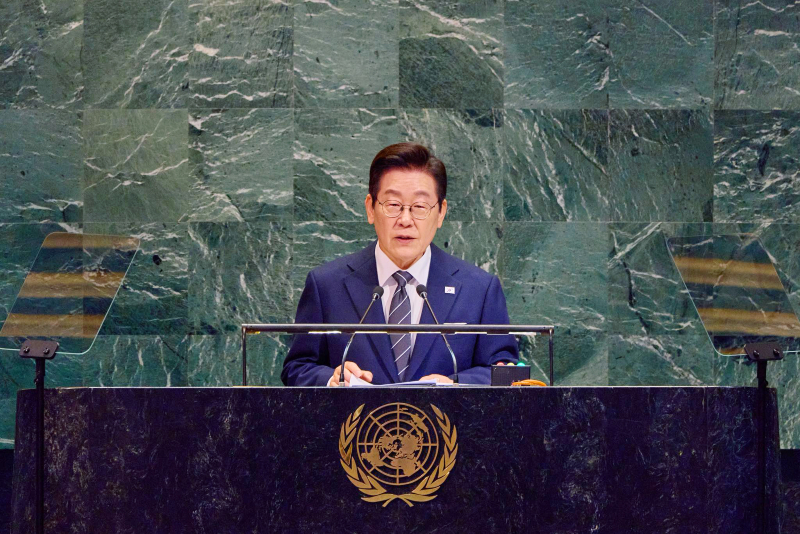  ▲ 이재명 대통령이 23일(현지 시간) 미국 뉴욕 유엔본부 총회장에서 기조연설을 하고 있다. 청와대