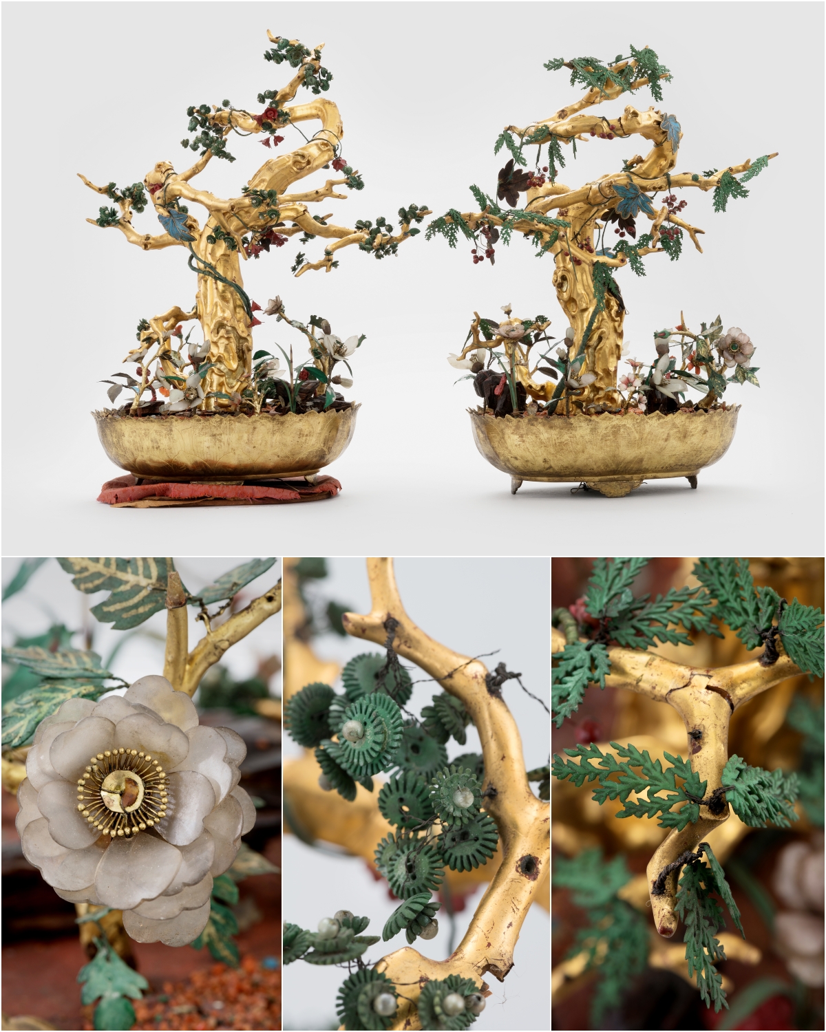 蟠花原件细节图。下方左起依次为象征富贵与祥瑞的牡丹，以及寓意长寿的松树与侧柏。图片来源：国家遗产厅