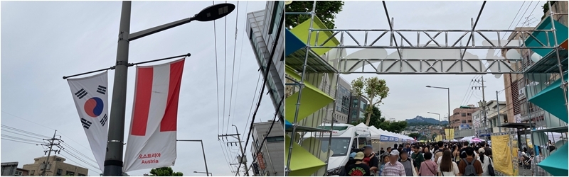 前往城北世界美食节的道路两旁悬挂着各国国旗（左）；午餐时间的活动现场已是人潮涌动、摩肩接踵（右）。韩宣网记者郑义锡 摄