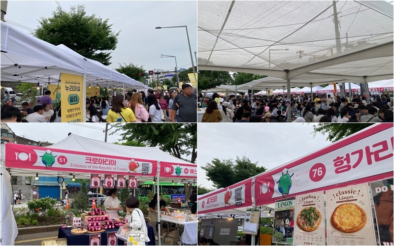 点餐后的游客在会场各处设置的休息区用餐。图为售卖克罗地亚传统果酱的展位（左下）以及提供传统美食兰戈什的匈牙利展位（右下）。韩宣网记者郑义锡 摄