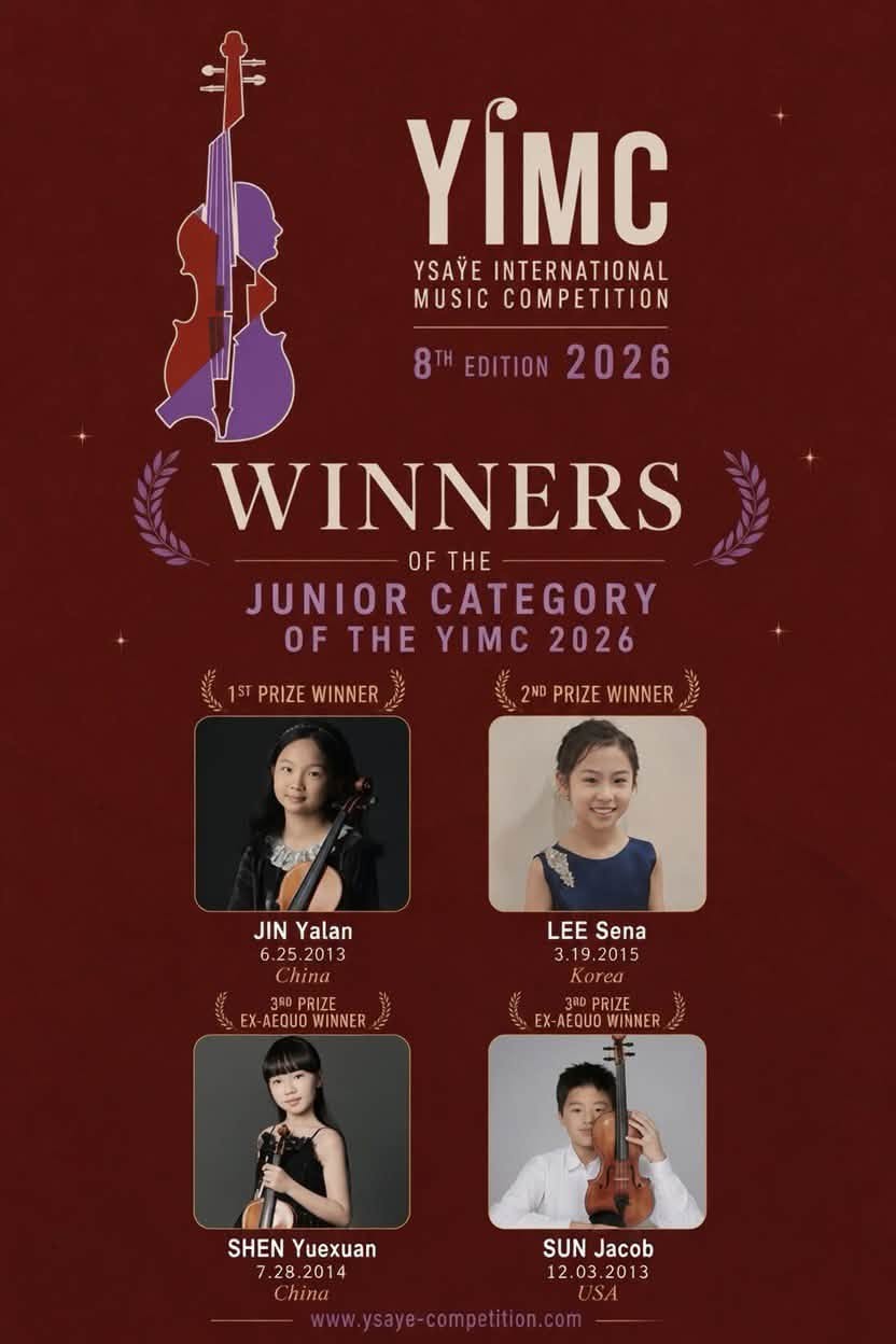 '2026年伊萨伊国际音乐比赛少年组获奖者。韩国选手李世娜（右上）获得第二名。比赛主办方于12日公布了比赛结果。图片来源：伊萨伊国际音乐比赛官方Facebook