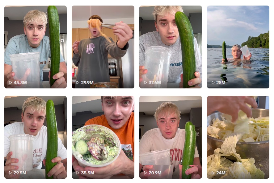 韩国吃播创作者Logan Moffitt在TikTok发布的“黄瓜沙拉食谱”视频。图片来源：Logan Moffitt TikTok（@logagm）
