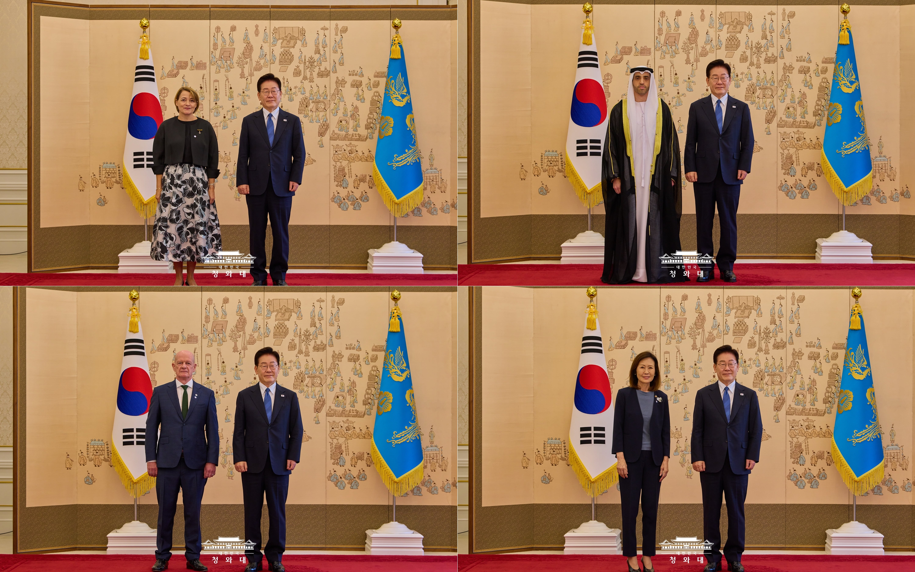 8月12日，韩国总统李在明在首尔钟路区青瓦台接受四国新任驻韩大使国书。左上方顺时针依次为葡萄牙驻韩大使万达·玛丽亚·迪亚斯·斯特尔热尔·塞凯拉、阿联酋驻韩大使贾迈勒·阿卜杜拉·穆罕默德·本·阿卜杜勒瓦哈卜·苏韦迪、美国驻韩大使米歇尔·斯蒂尔、爱尔兰驻韩大使肖恩·霍伊。图片来源：大韩民国青瓦台