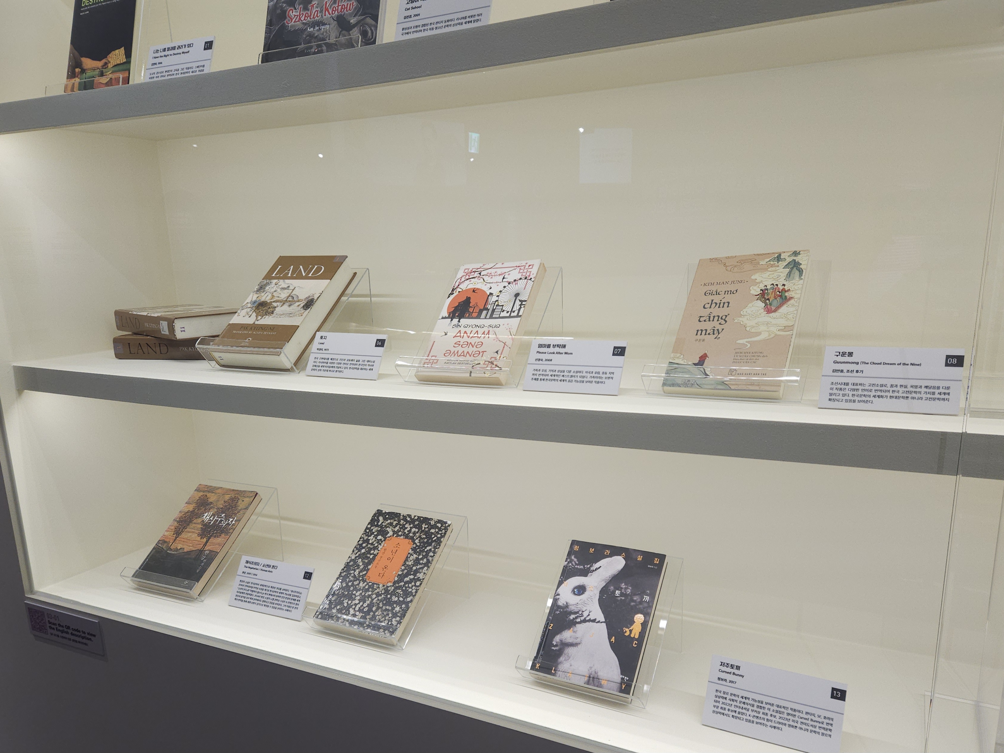 第三部分“翻译与韩语，走向世界的K-内容”展区。（左上起）朴景利《土地》、申京淑《寻找母亲》、金万重《九云梦》的英文译本，以及韩江《素食者》《少年来了》、郑宝拉《诅咒兔》。韩宣网记者李知艺 摄