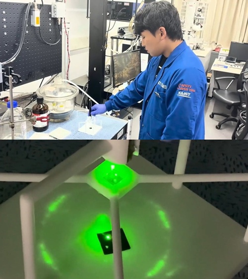 利用绿色激光确认纳米指纹衍射图案的过程（上）；绿色激光照射后出现的独特衍射图案（下）。图片来源：KAIST