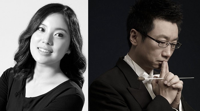 중국 출신의 리 신차오 지휘자(아래 사진 오른쪽)가 이끄는 부산시립교향악단(사진 위)은 4월 18일 무대에서 슈트라우스, 푸치니, 스트라빈스키, 구노의 음악을 연주한다. 이날 무대에는 벨기에 브뤼셀 ‘2014 퀸 엘리자베스 콩쿠르’ 우승자인 소프라노 황수미 (아래 사진 왼쪽)씨가 협연한다. 