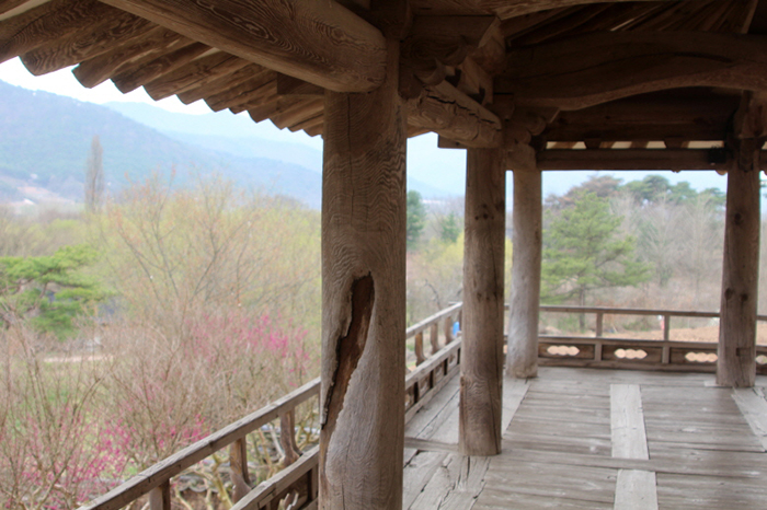 병산서원의 만대루는 산과 강이 만드는 멋진 자연풍광과 조화를 이룬다. 만대루 주변 경관(위)과 만대루의 내부 모습