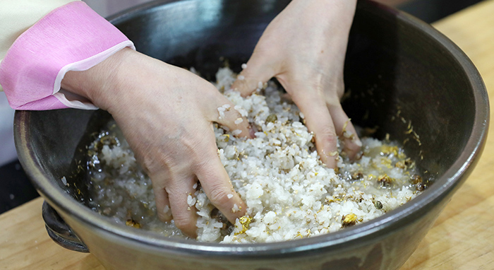고두밥과 감국, 누룩에 물을 넣고 손으로 섞는다. 이때 밥알에 상처가 나면 술이 탁해지므로 살살 섞도록 주의한다.